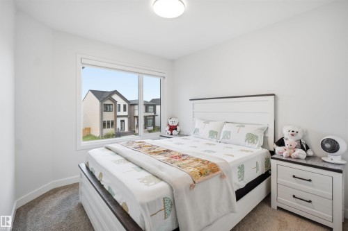 Recessed window with white trim, a flush mount ceiling light, and light gray carpet - 3877 Chrustawka Place Sw, Edmonton, AB - Indoor Photo Showing Bedroom