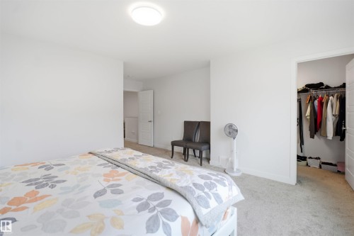 Recessed lighting, light-colored carpeting, white interior walls, interior door with modern hardware, and open closet with built-in shelving - 3877 Chrustawka Place Sw, Edmonton, AB - Indoor Photo Showing Bedroom