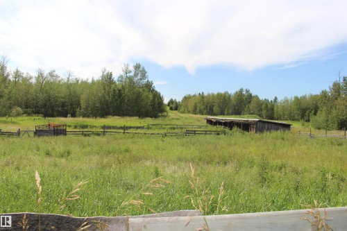 Expansive green acreage with a rustic barn structure, natural wood fencing, and dense tree line - 49480 Rge Rd 41, Rural Leduc County, AB - Outdoor With View