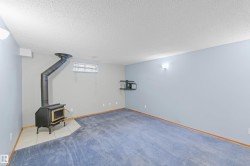 Freestanding stove with a tile hearth, wall-mounted television bracket, and blue carpeting - 