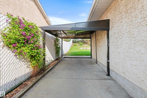 Covered concrete walkway with a dark-framed translucent roof, bordered by a chain-link fence and textured exterior wall - 14538 37 Street Nw, Edmonton, AB 