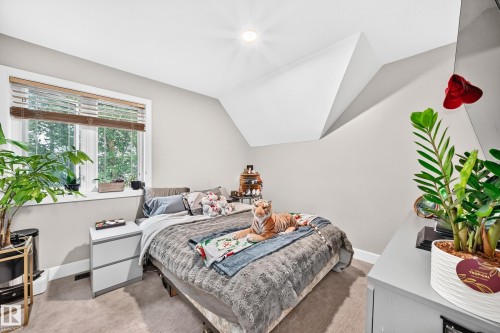 Recessed ceiling lighting, light gray wall paint, window with blinds, sloped ceiling feature, and carpet flooring - #38 24512 Sturgeon Rd, Rural Sturgeon County, AB 