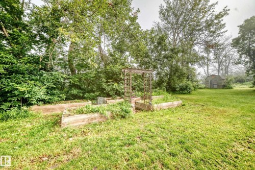 Expansive green space featuring raised garden beds, a wooden trellis, and a detached storage shed - #38 24512 Sturgeon Rd, Rural Sturgeon County, AB 