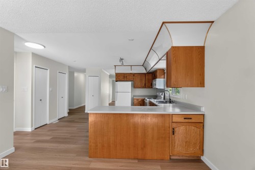 Open-concept kitchen with wood cabinetry and light-toned countertops - 14725 43A Avenue Nw, Edmonton, AB - Indoor Photo Showing Kitchen