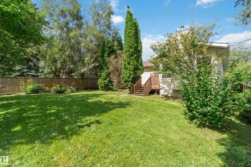 Expansive lawn area with a wooden privacy fence, mature trees, and landscaping - 14725 43A Avenue Nw, Edmonton, AB - Outdoor