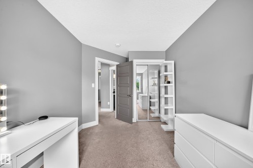 Neutral gray walls with white trim, brown carpet flooring, and a mirrored closet door - 12730 118 Street Nw, Edmonton, AB - Indoor