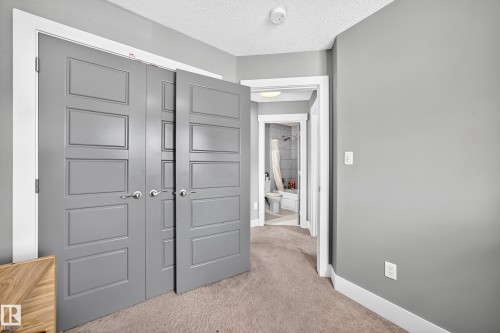 Textured carpet flooring, neutral wall tones, white trim, and a built-in closet with panel doors - 12730 118 Street Nw, Edmonton, AB - Indoor Photo Showing Other Room
