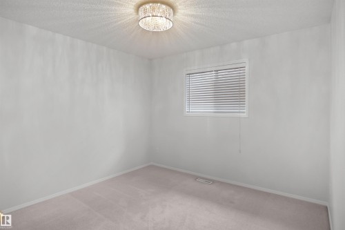 Recessed window with blinds, overhead decorative light fixture, light-toned carpeting, and light-colored walls - 907 Jordan Crescent Nw, Edmonton, AB - Indoor Photo Showing Other Room