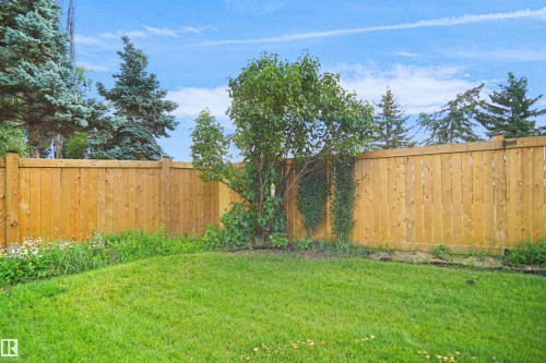 Fenced yard with natural wood privacy fencing and established perennial greenery - 907 Jordan Crescent Nw, Edmonton, AB - Outdoor