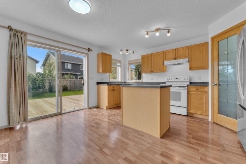 Patio door opens to the massive rear deck and backyard, perfect for BBQ season and entertaining! - 14031 136 Street Nw, Edmonton, AB - Indoor Photo Showing Kitchen