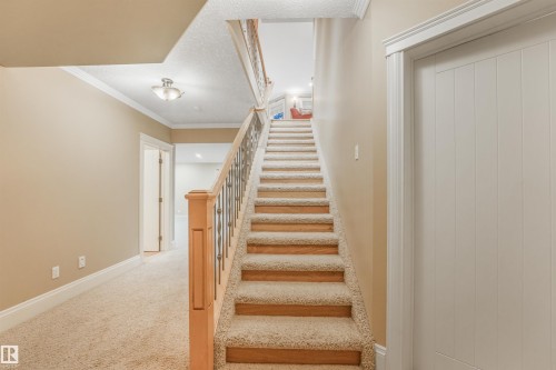 Carpeted staircase with wood banister and wrought iron spindles - 27 Kingdom Place, Leduc, AB - Indoor Photo Showing Other Room