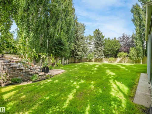 Expansive lawn with mature trees and a stone-faced water feature - 967 Lamb Crescent Nw, Edmonton, AB - Outdoor