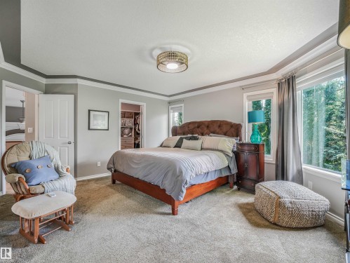 Tray ceiling with crown molding, recessed lighting fixture, carpeted flooring, large windows, and an organized walk-in closet - 967 Lamb Crescent Nw, Edmonton, AB - Indoor Photo Showing Bedroom