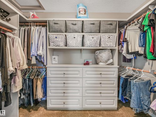 Built-in closet system featuring white cabinetry, multiple shelving units, and extensive hanging rod capacity - 967 Lamb Crescent Nw, Edmonton, AB - Indoor With Storage