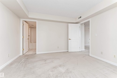 Light-toned wall finishes, neutral carpet flooring, white trim, and a white interior door with brass hardware - #1101 10909 103 Av Nw, Edmonton, AB - Indoor Photo Showing Other Room