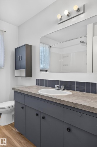 Built-in vanity with integrated sink, dark cabinetry, and neutral-toned countertop - 13903 87 Street Nw, Edmonton, AB - Indoor Photo Showing Bathroom