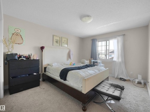 Carpeted room featuring a window with grid patterns and a flush-mount ceiling light fixture - 17127 126 Street Nw, Edmonton, AB - Indoor Photo Showing Bedroom