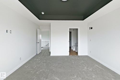 Neutral tone paint, recessed ceiling with accent color, light gray carpeting, contemporary white doors, and wall-mounted light fixtures - 13118 186 Avenue Nw, Edmonton, AB - Indoor Photo Showing Other Room
