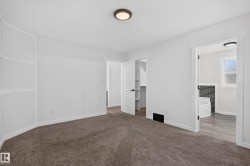 White walls with white trim, brown carpet flooring, and a built-in wall feature - 