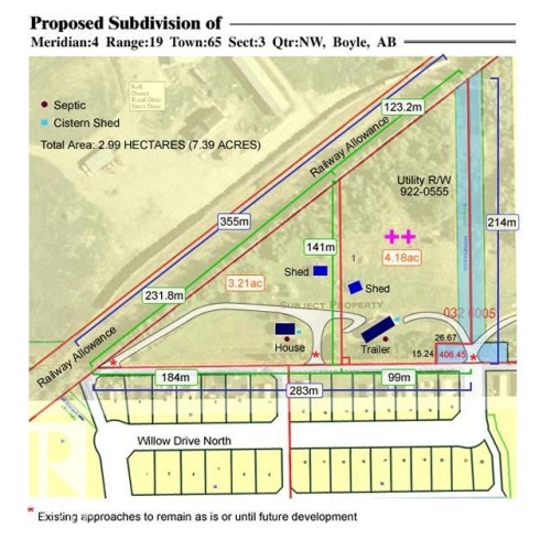 Proposed Subdivision Plan. Illustrating the property boundaries, dimensions, and existing structures for the subdivision project - 0326005;1;1 Boyle, Alberta, Boyle, AB - Other