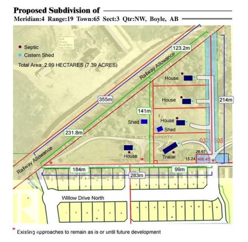 Proposed Subdivision Plan. Depicting the proposed subdivision of the property, including existing structures, lot dimensions, and infrastructure details - 0326005;1;1 Boyle, Alberta, Boyle, AB - Other