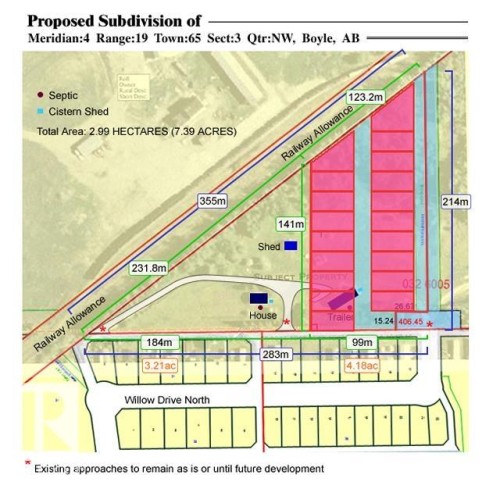 Proposed Subdivision Plan. Illustrating the division of the property into multiple parcels with measurements and existing structures - 0326005;1;1 Boyle, Alberta, Boyle, AB - Other