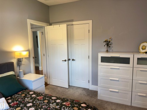 Gray painted walls with white trim, two panel doors, and carpet flooring - 1452 36A Avenue Nw, Edmonton, AB - Indoor