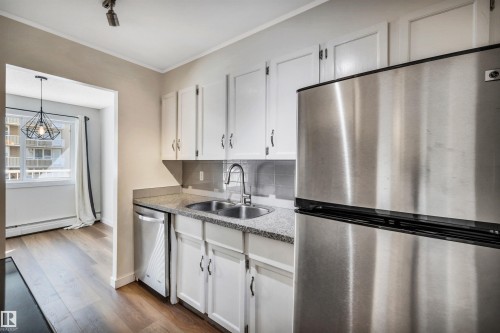 #304 8149 111 St Nw, Edmonton, AB - Indoor Photo Showing Kitchen With Stainless Steel Kitchen With Double Sink