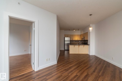 Wood-finish flooring throughout, kitchen with light wood-finish cabinetry, stainless steel appliances, and dark countertops, and a pendant light fixture - #1004 10136 104 St Nw, Edmonton, AB - Indoor Photo Showing Kitchen