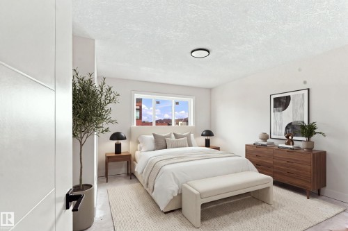 Recessed window, wood-finish dresser with drawer storage, flush-mount ceiling light, paneled interior door, and wood-finish nightstands - 1818 155 Avenue Nw, Edmonton, AB - Indoor Photo Showing Bedroom