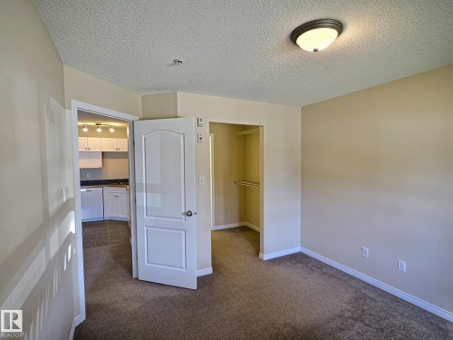 Neutral tone wall paint, textured ceiling, flush mount ceiling light fixture, carpeting, and an open closet with shelving - #111 5350 199 St Nw, Edmonton, AB - Indoor Photo Showing Other Room