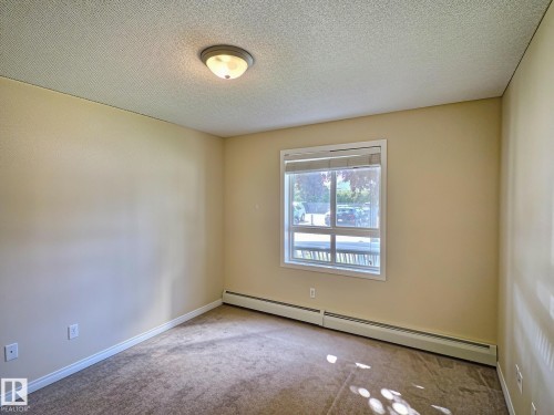 Wall-to-wall carpeting, window with horizontal blinds, flush-mount ceiling light fixture, and perimeter heating - #111 5350 199 St Nw, Edmonton, AB - Indoor Photo Showing Other Room