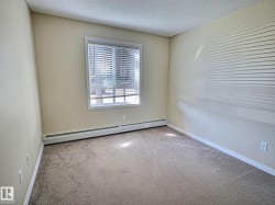 Wall-to-wall carpeting, neutral wall color, and a window with horizontal blinds - 