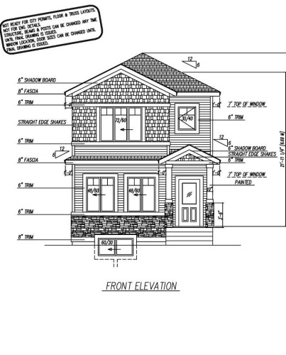 Architectural Drawing. Front elevation of the property, displaying exterior finishes and window specifications - 182 Pacific Drive, Spruce Grove, AB - Other