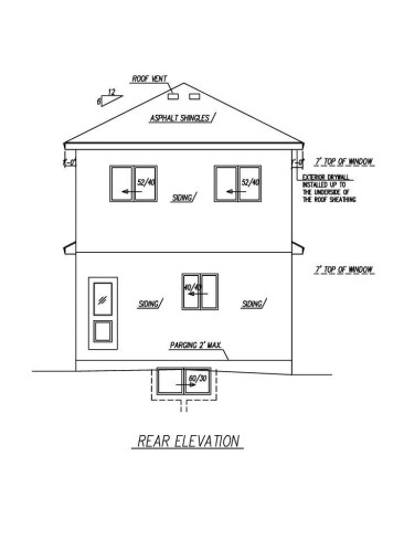 Architectural Drawing, Rear Elevation. Displaying the exterior design and material specifications for the property - 182 Pacific Drive, Spruce Grove, AB - Other