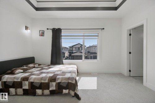 Tray ceiling with dark trim, light gray carpeting, and white walls - 4820 174 Avenue Nw, Edmonton, AB - Indoor Photo Showing Bedroom
