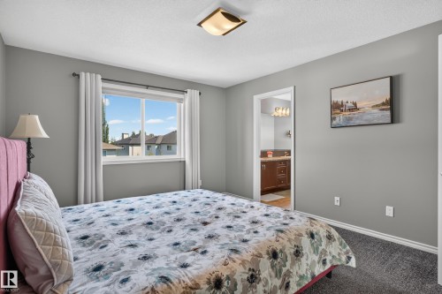Wall-to-wall carpeting, a window with curtains, and a ceiling-mounted light fixture - 9515 221 Street Nw, Edmonton, AB - Indoor Photo Showing Bedroom
