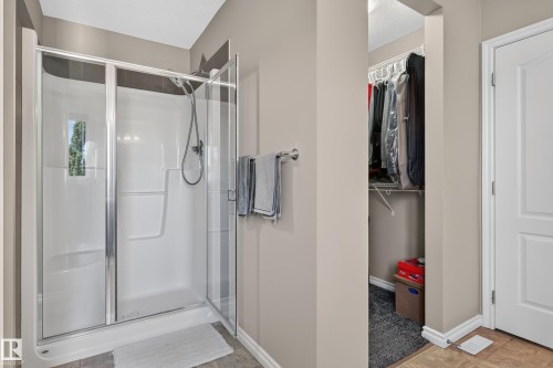 Enclosed shower with a glass door, brushed nickel hardware, and built-in shelving - 9515 221 Street Nw, Edmonton, AB - Indoor Photo Showing Bathroom