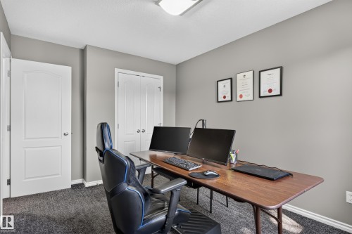 Light grey wall paint, two white panel doors, carpeted flooring, and a ceiling-mounted light fixture - 9515 221 Street Nw, Edmonton, AB - Indoor Photo Showing Office