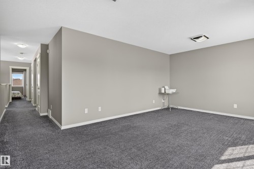 Spacious room with gray wall paint and dark gray carpeting, featuring a hallway with white trim and a window - 9515 221 Street Nw, Edmonton, AB - Indoor Photo Showing Other Room