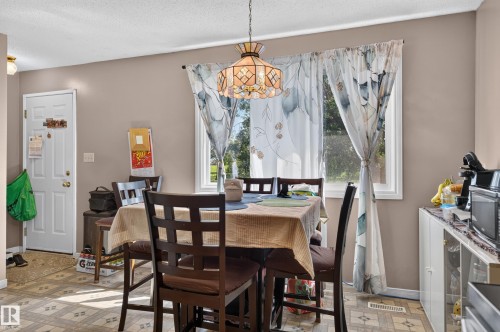Bright dining area featuring a window, overhead pendant lighting, and patterned flooring - 18247 93 Avenue Nw, Edmonton, AB - Indoor Photo Showing Dining Room
