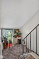 Carpeted flooring, white walls, and a black metal handrail - 