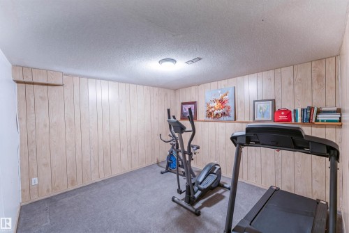 Textured ceiling with overhead lighting, wood-paneled walls, and built-in shelving - 4609 38A Avenue Nw, Edmonton, AB - Indoor Photo Showing Gym Room