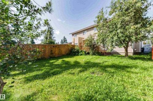 Expansive backyard featuring a wood privacy fence, mature trees, and a multi-level wood deck - 4609 38A Avenue Nw, Edmonton, AB - Outdoor