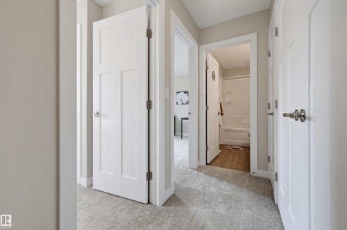 Hallway with light gray carpeting, white trim, and white paneled doors - 12219 93 Street Nw, Edmonton, AB - Indoor Photo Showing Other Room