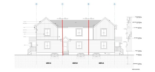 Architectural Drawing. North elevation with unit designations and vertical dimensions - 12160 93 Street Nw, Edmonton, AB - Other