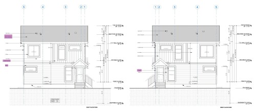 Architectural Drawing. Illustrating the east and west elevations of the property with dimensional callouts - 12160 93 Street Nw, Edmonton, AB - Other