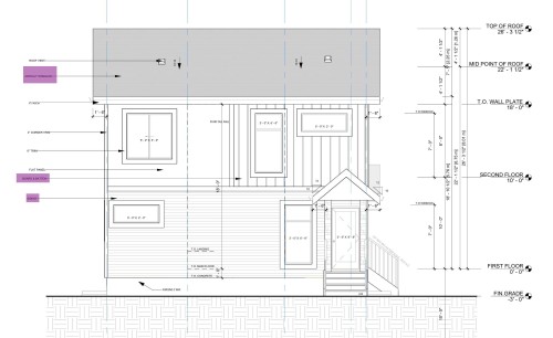 Architectural Drawing, Elevation View. Detailing the exterior facade with measurements and material specifications for the property - 12160 93 Street Nw, Edmonton, AB 