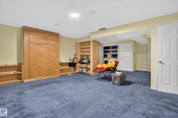 Built-in wood-finish cabinetry, recessed ceiling lighting, and blue carpet flooring - 