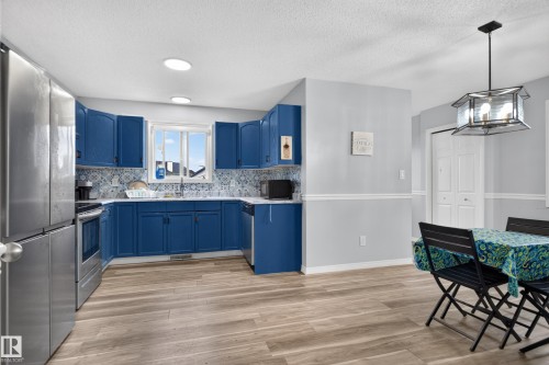 Full kitchen with blue cabinetry and stainless steel appliances - 3755 20 Street Nw, Edmonton, AB - Indoor Photo Showing Kitchen With Upgraded Kitchen